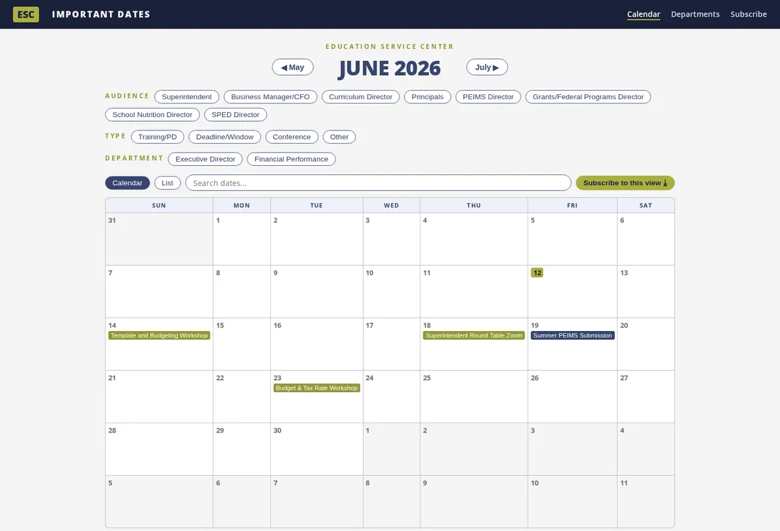 The public calendar: a June month grid with training and deadline events, plus filter chips for audience, type, and department