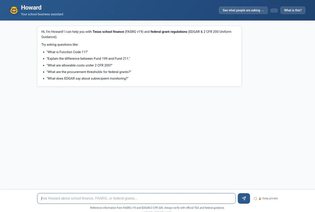 Howard's chat interface on desktop: a welcome message listing example school-finance questions and an input bar