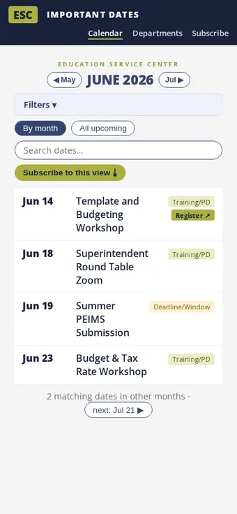 The mobile list view showing upcoming dates with type badges and a register button